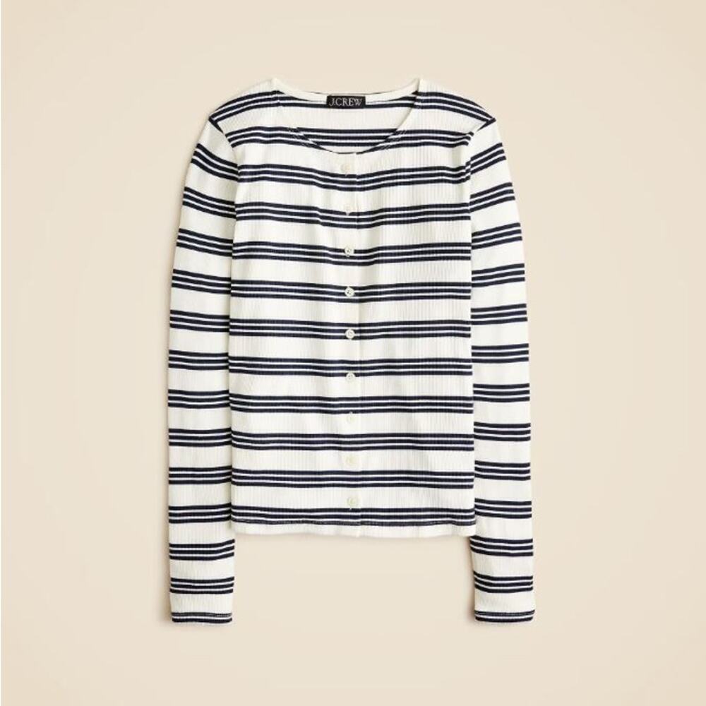 J. Crew Women's Stripe Fine Rib Knit Button Cardigan CI343 White Blue Size L NWT